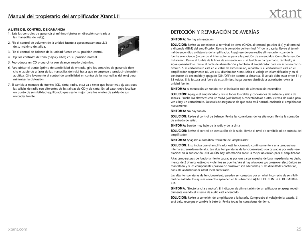 Xtant 1.1 owner manual Detección Y Reparación DE Averías, Ajuste DEL Control DE Ganancia 