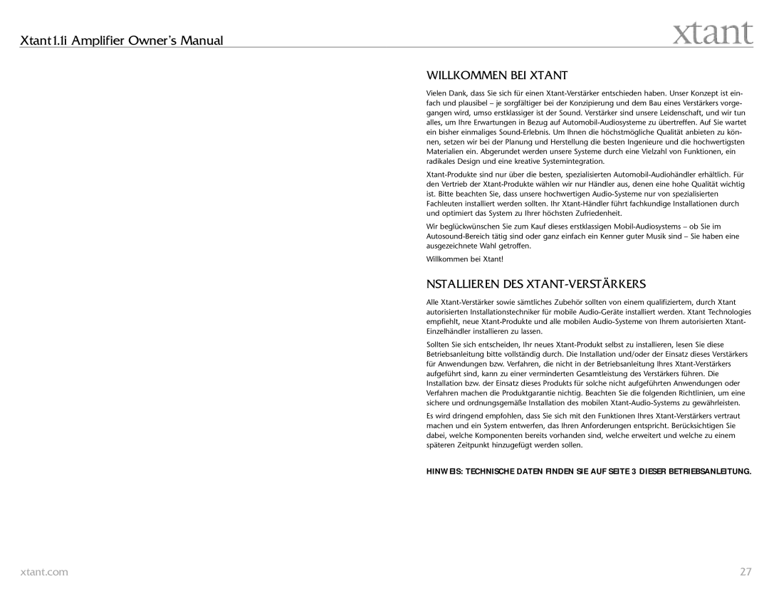 Xtant 1.1 owner manual Willkommen BEI Xtant, Nstallieren DES XTANT-VERSTÄRKERS 