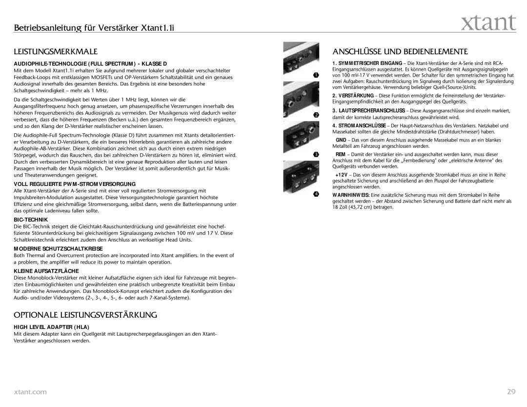 Xtant 1.1 owner manual Leistungsmerkmale, Optionale Leistungsverstärkung, Anschlüsse UND Bedienelemente 