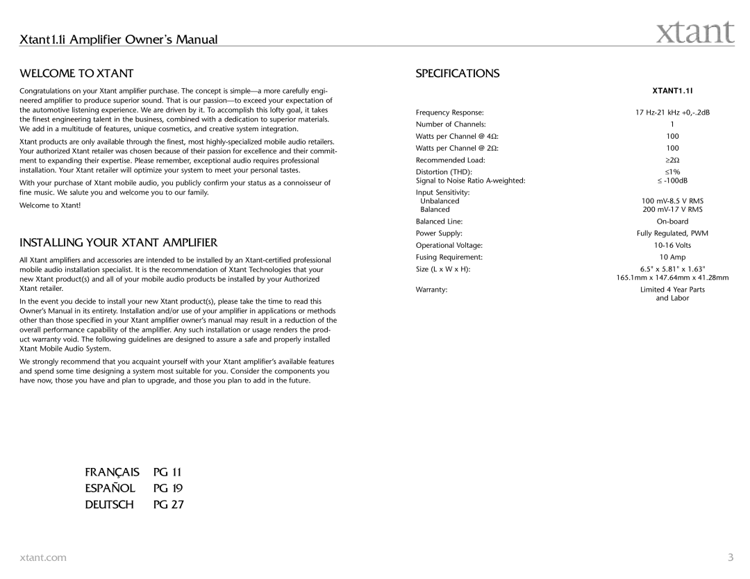 Xtant Welcome to Xtant, Installing Your Xtant Amplifier, Specifications, Français Español Deutsch, XTANT1.1I 