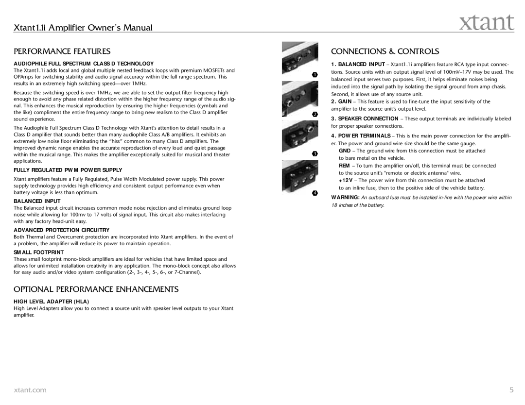 Xtant 1.1 owner manual Performance Features, Connections & Controls, Optional Performance Enhancements 