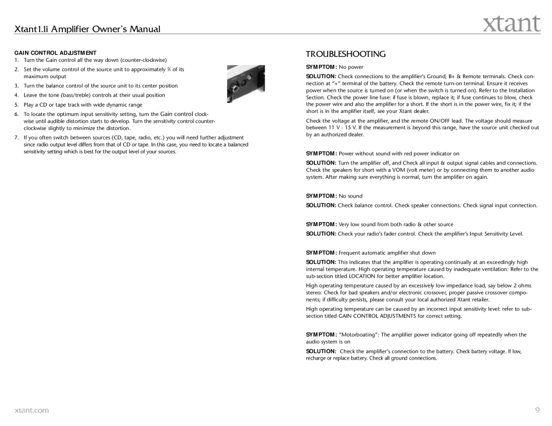 Xtant 1.1 owner manual Troubleshooting, Gain Control Adjustment 