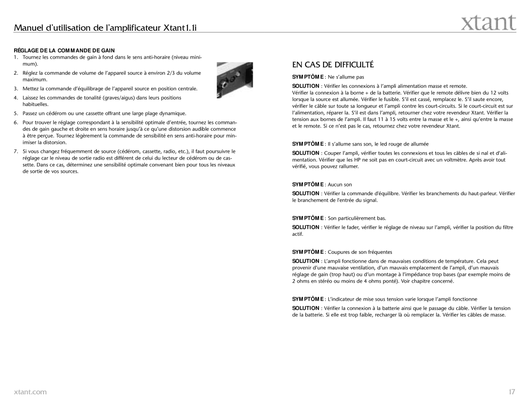 Xtant 1.1 owner manual EN CAS DE Difficulté, Réglage DE LA Commande DE Gain 