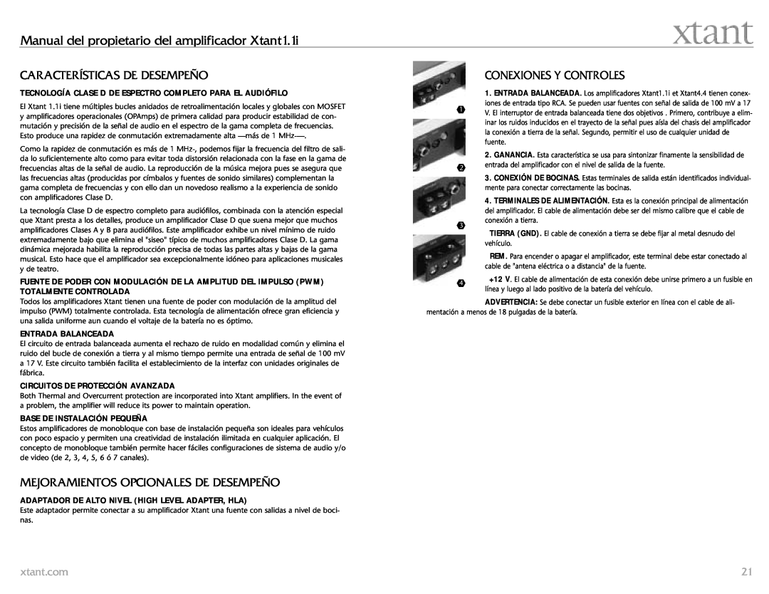 Xtant Manual del propietario del amplificador Xtant1.1i, Características De Desempeño, Conexiones Y Controles 