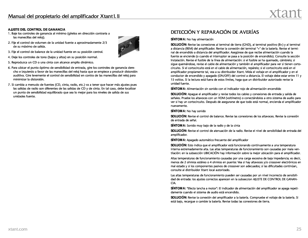 Xtant 1.1 owner manual Detección Y Reparación De Averías, Ajuste Del Control De Ganancia 