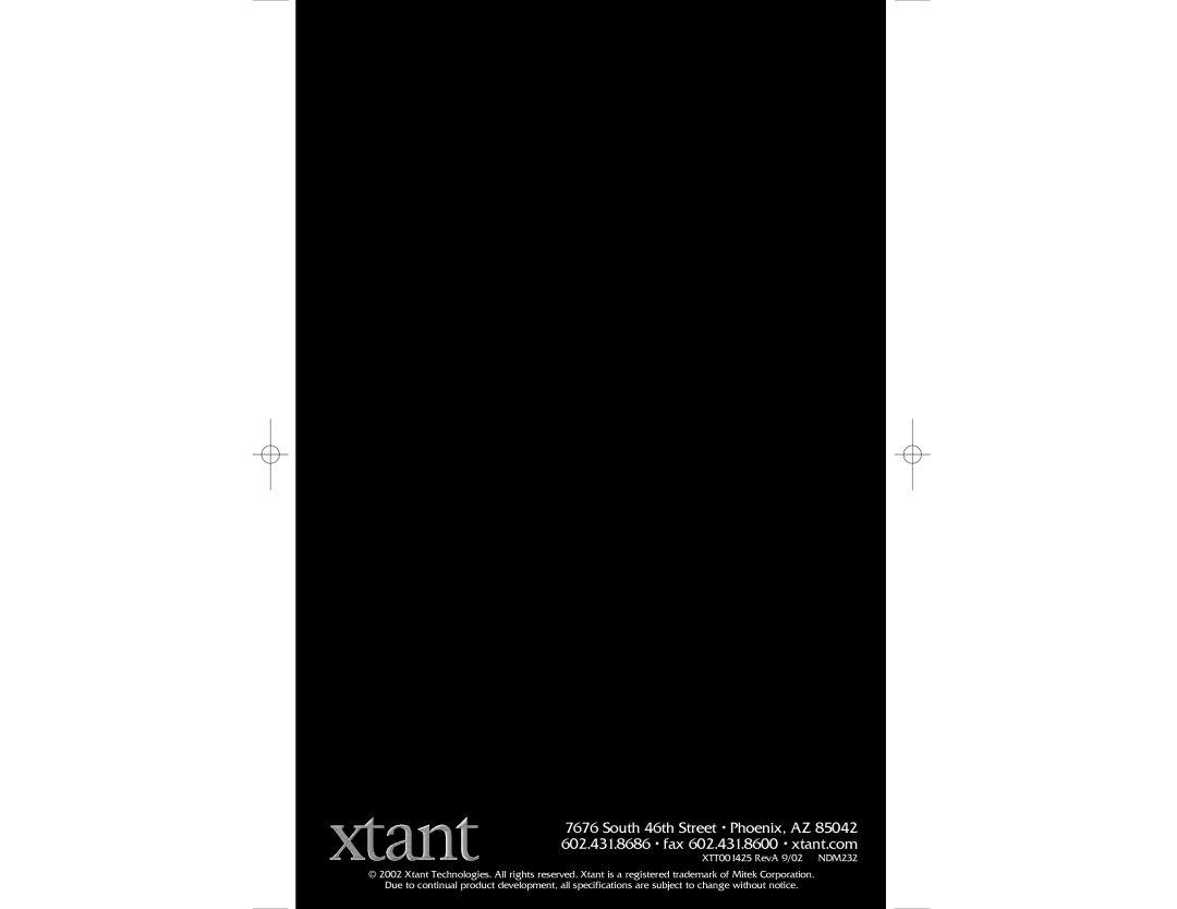 Xtant 1.1 owner manual XTT001425 RevA 9/02 NDM232 