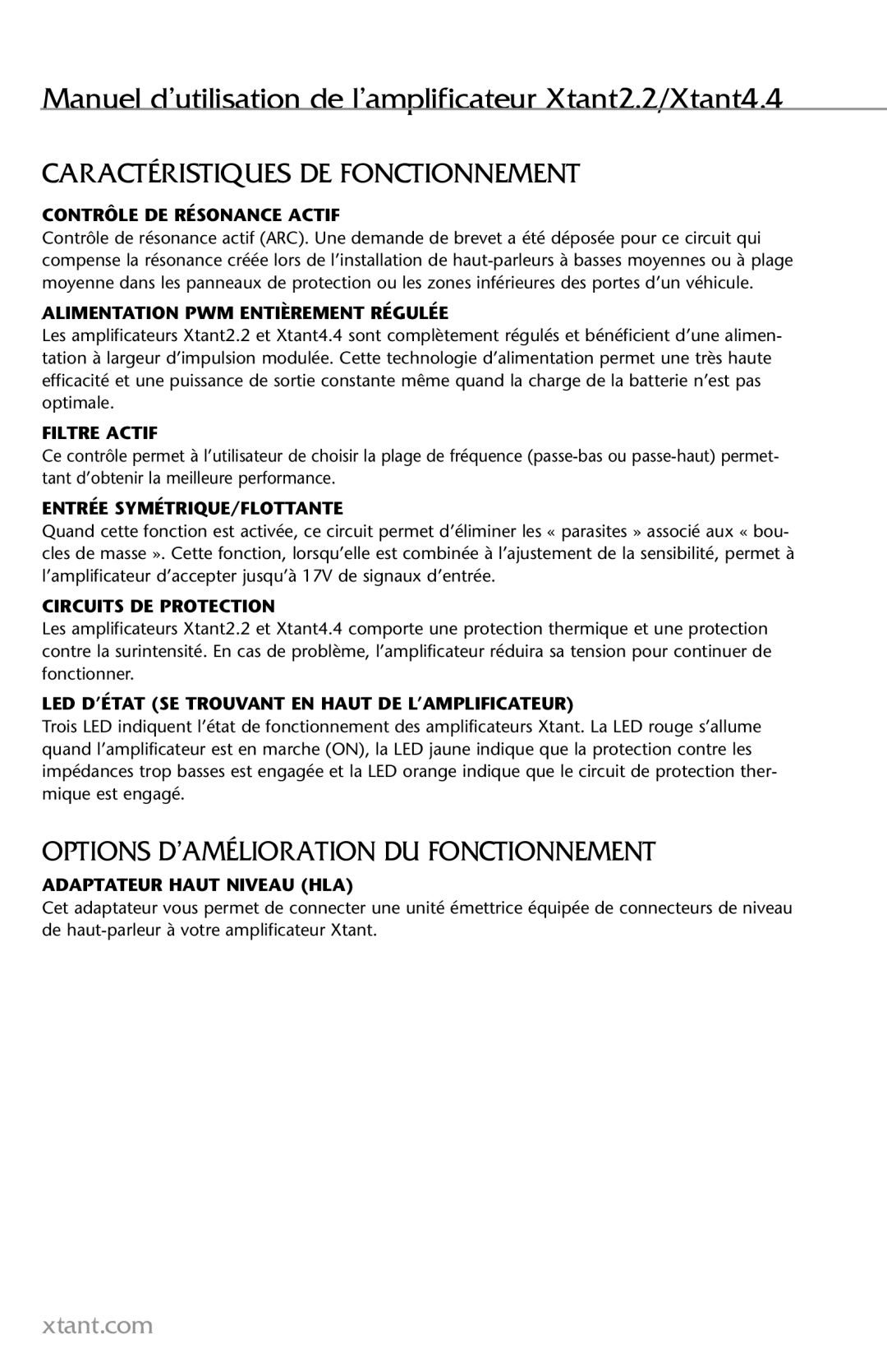 Xtant 2.2, 4.4 owner manual Caractéristiques DE Fonctionnement, Options D’AMÉLIORATION DU Fonctionnement 