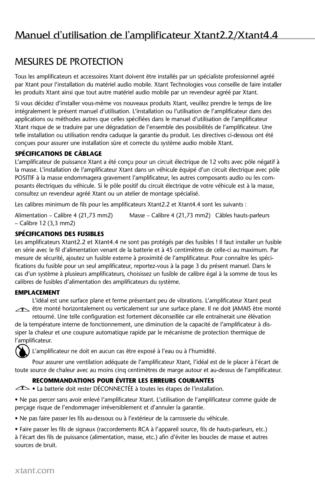 Xtant 2.2, 4.4 owner manual Mesures DE Protection, Spécifications DE Câblage, Spécifications DES Fusibles, Emplacement 