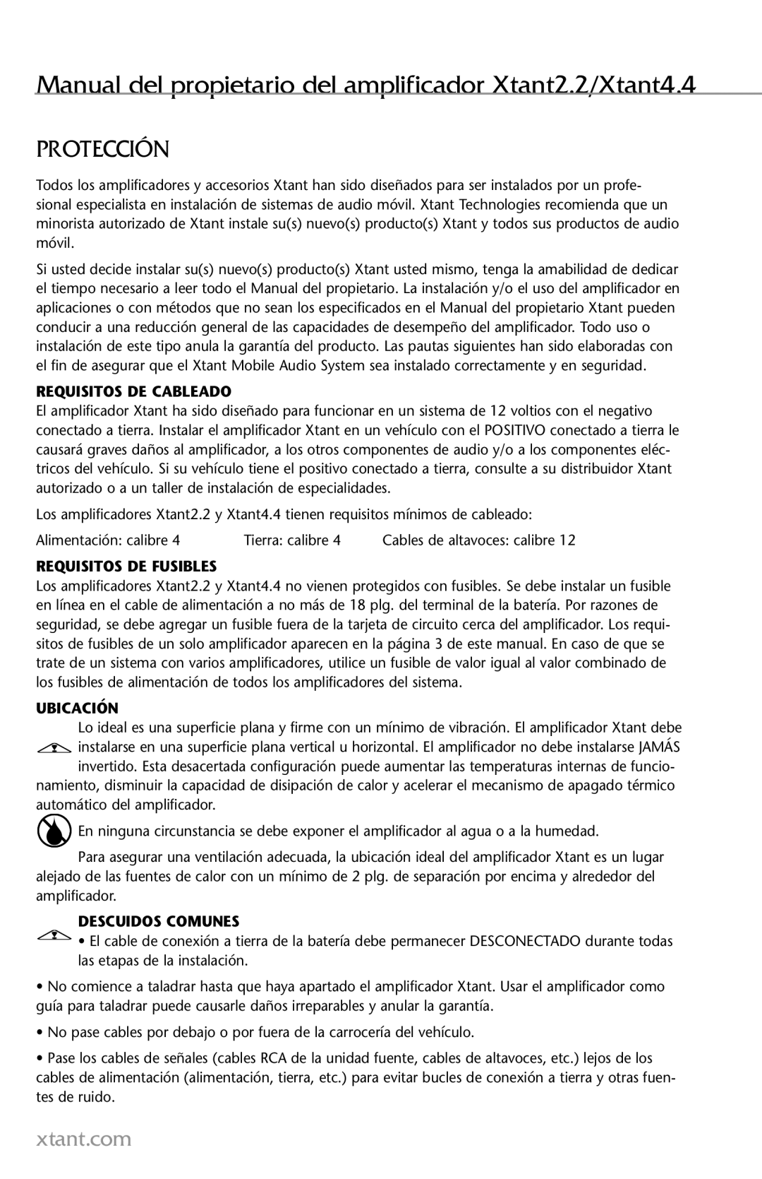 Xtant 2.2, 4.4 owner manual Protección, Requisitos DE Cableado, Requisitos DE Fusibles, Ubicación, Descuidos Comunes 