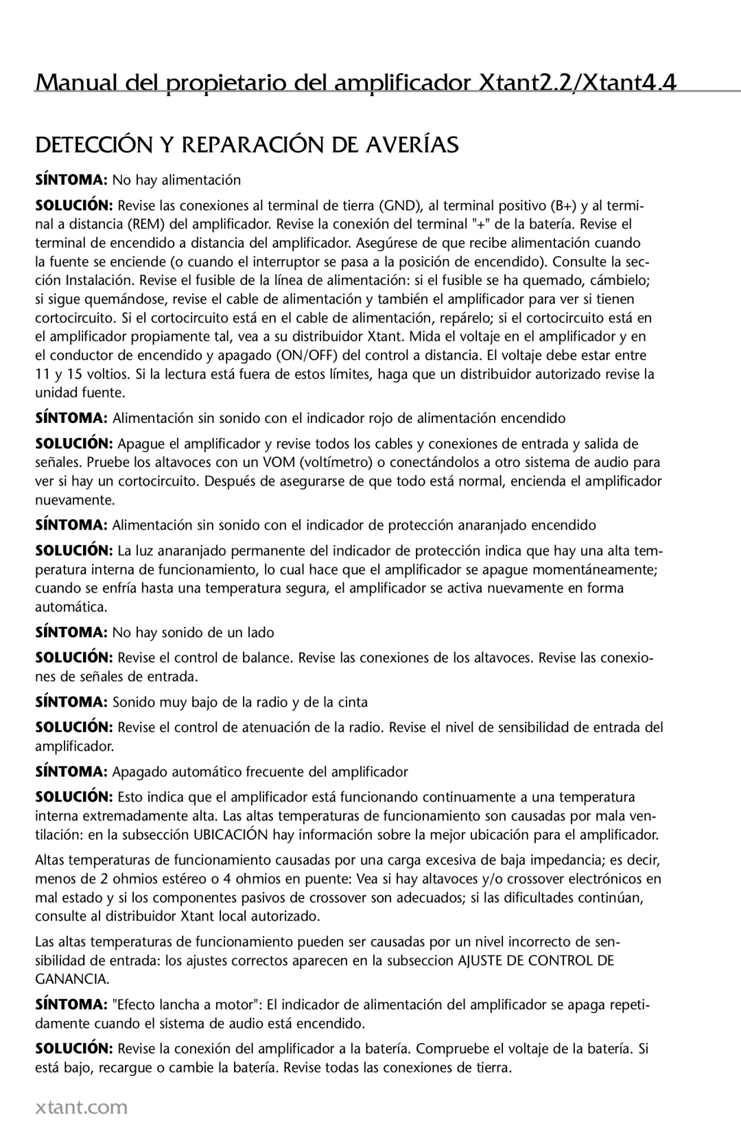 Xtant 2.2, 4.4 owner manual Detección Y Reparación DE Averías, Síntoma No hay alimentación 