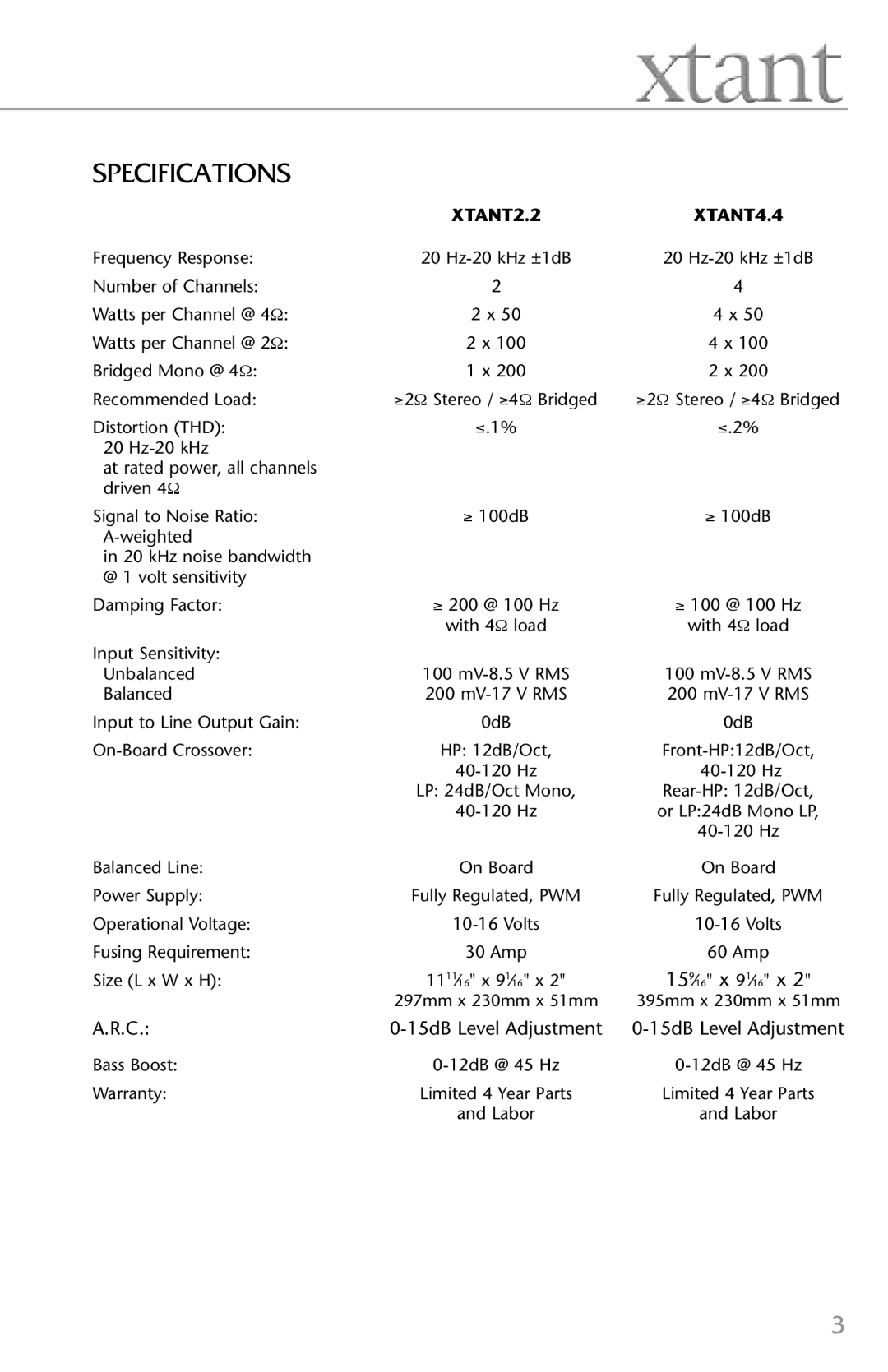 Xtant owner manual Specifications, XTANT2.2 XTANT4.4 