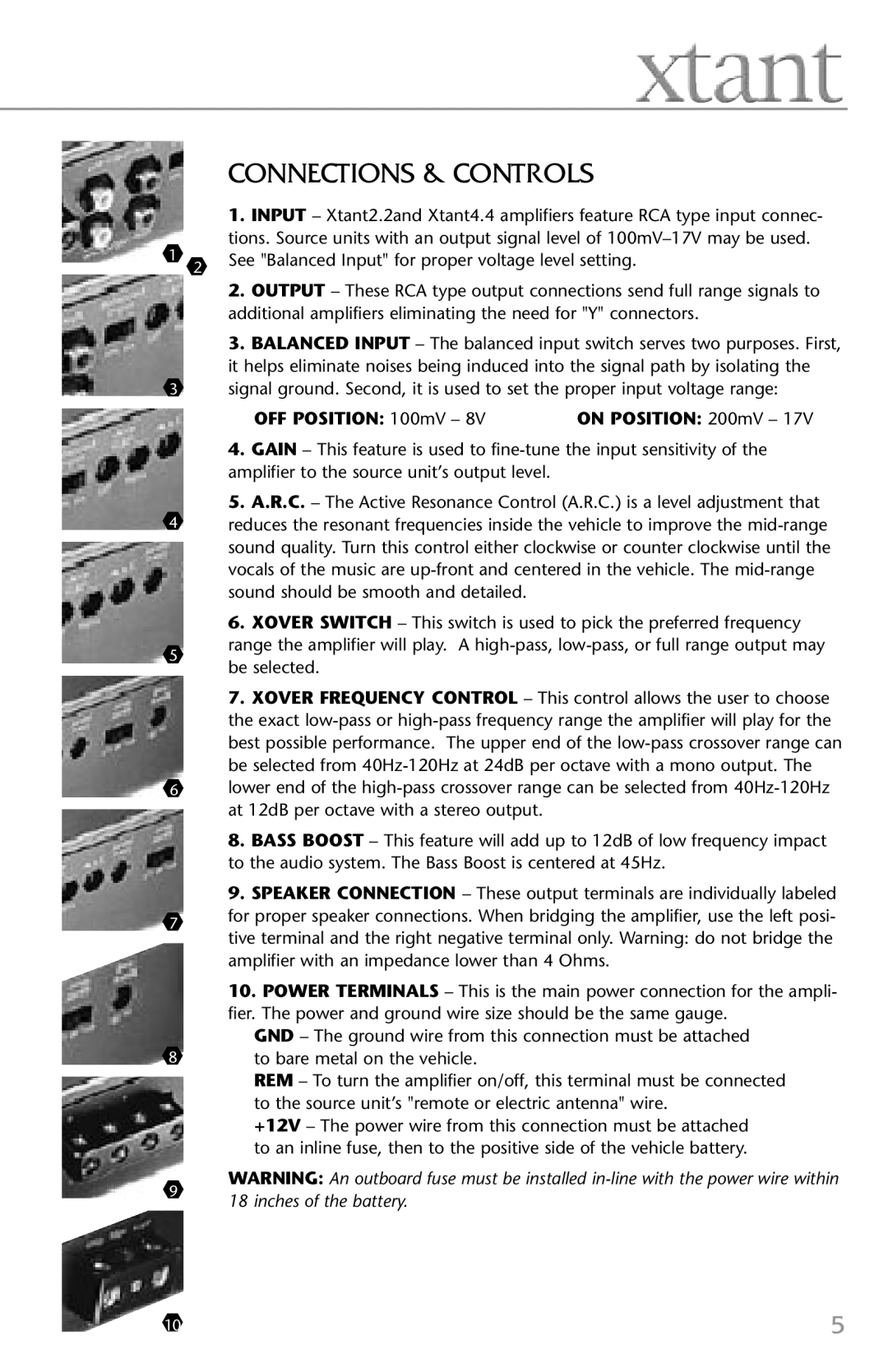 Xtant 4.4, 2.2 owner manual Connections & Controls, OFF Position 100mV On Position 200mV 