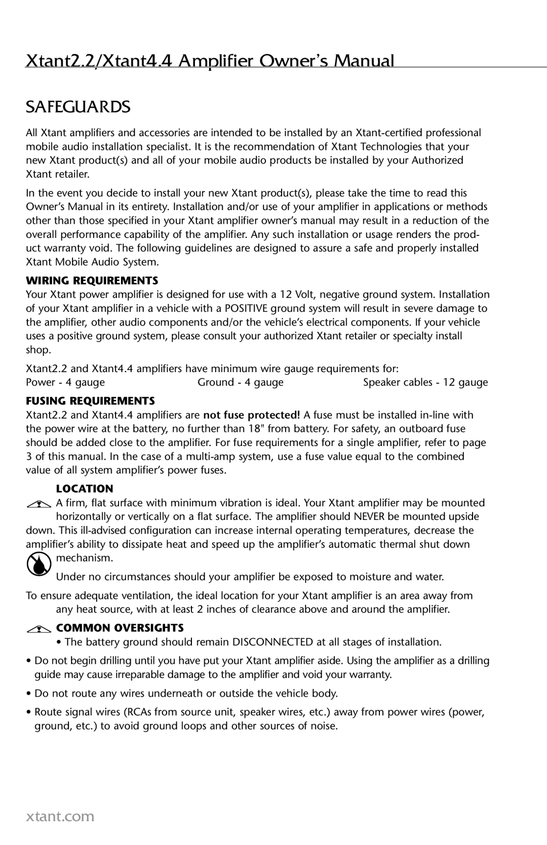 Xtant 2.2, 4.4 owner manual Safeguards, Wiring Requirements, Fusing Requirements, Location, Common Oversights 