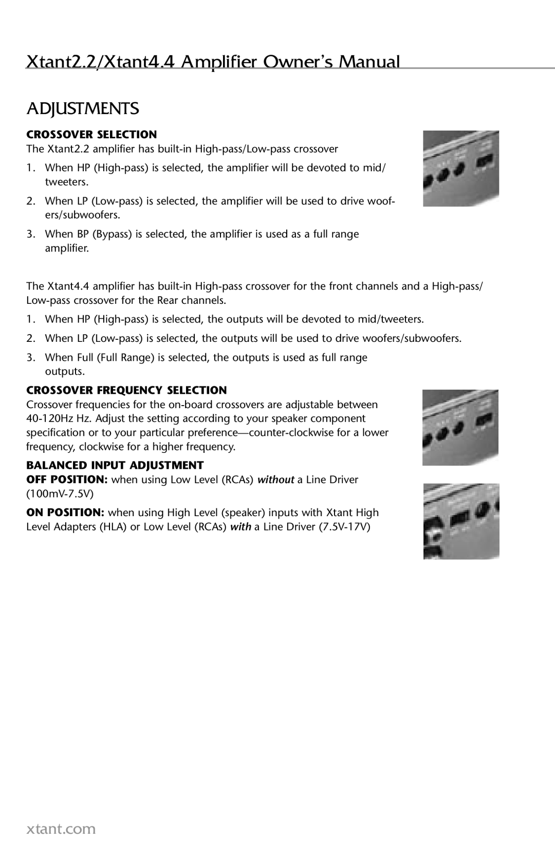 Xtant 2.2, 4.4 owner manual Adjustments, Crossover Selection, Crossover Frequency Selection, Balanced Input Adjustment 