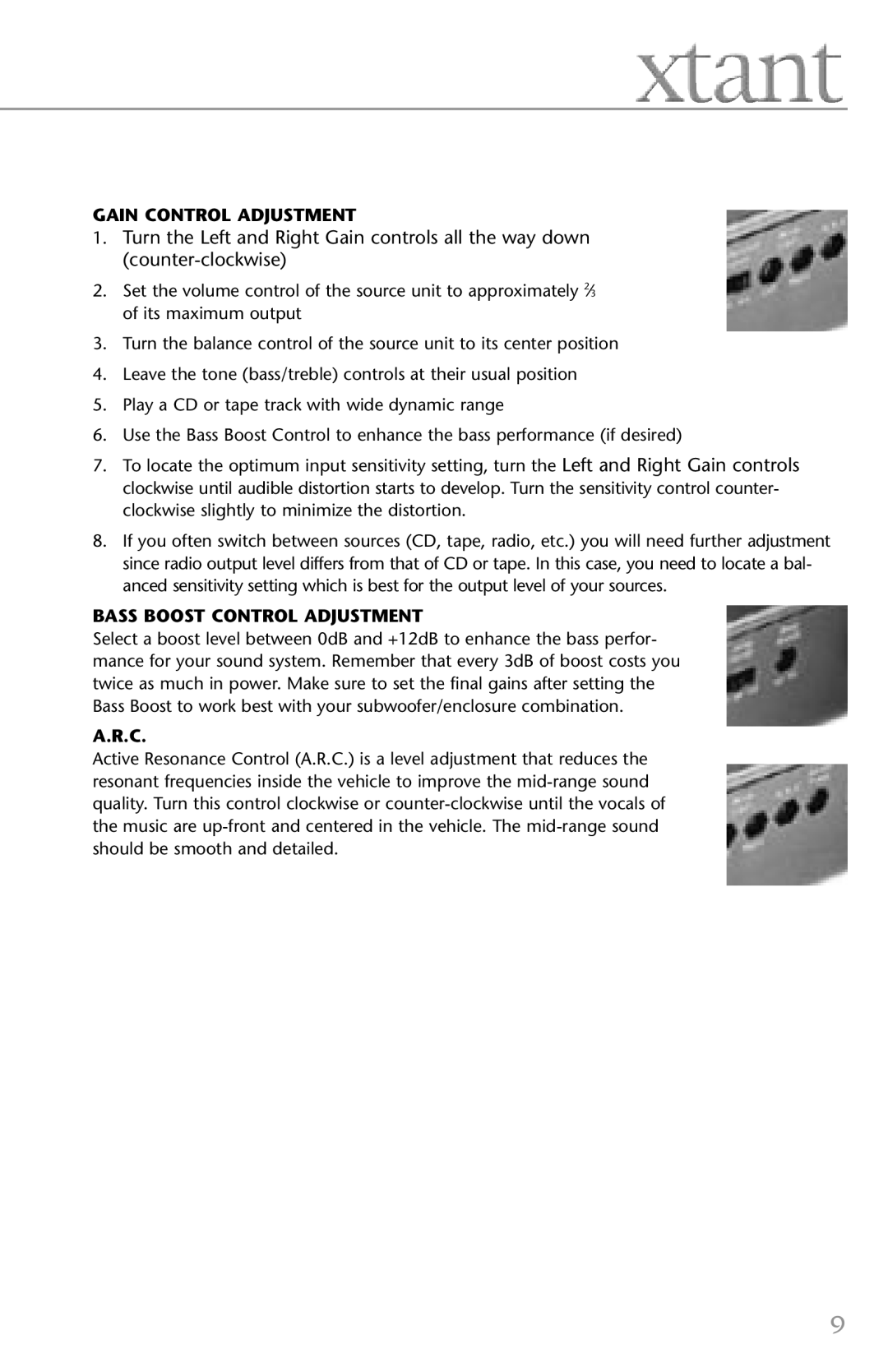 Xtant 4.4, 2.2 owner manual Gain Control Adjustment, Bass Boost Control Adjustment 