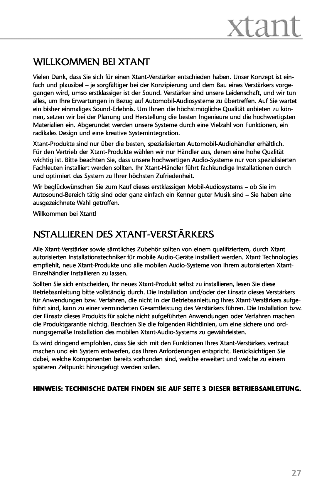 Xtant 4.4, 2.2 owner manual Willkommen Bei Xtant, Nstallieren Des Xtant-Verstärkers 