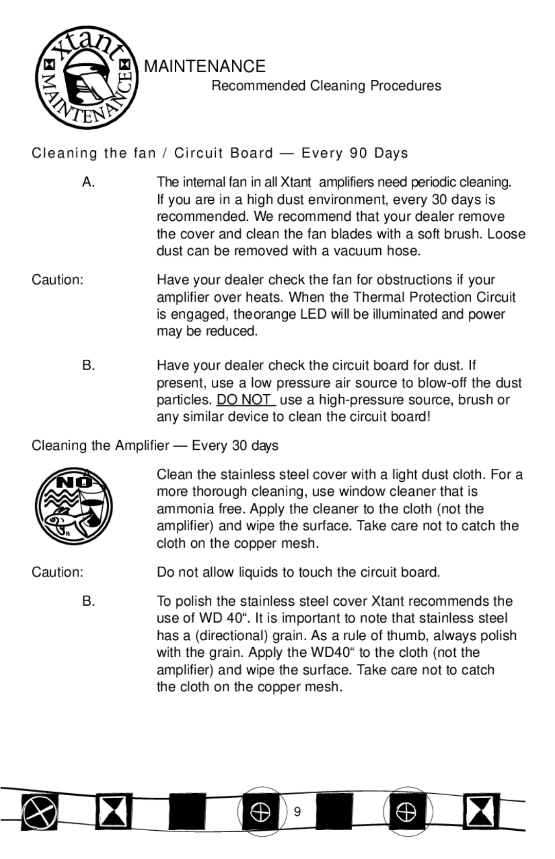 Xtant 2200ix manual Maintenance, Cleaning the Amplifier Every 30 Days 