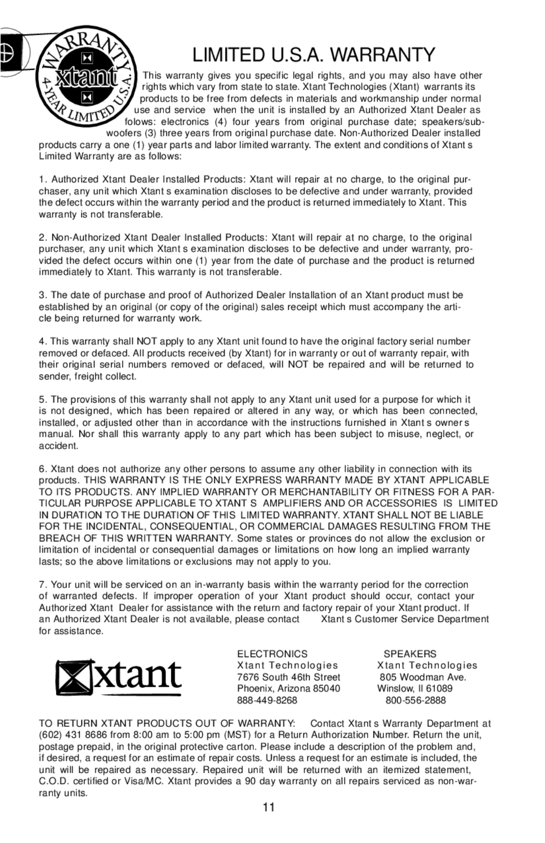 Xtant 2200ix manual Limited U.S.A. Warranty 