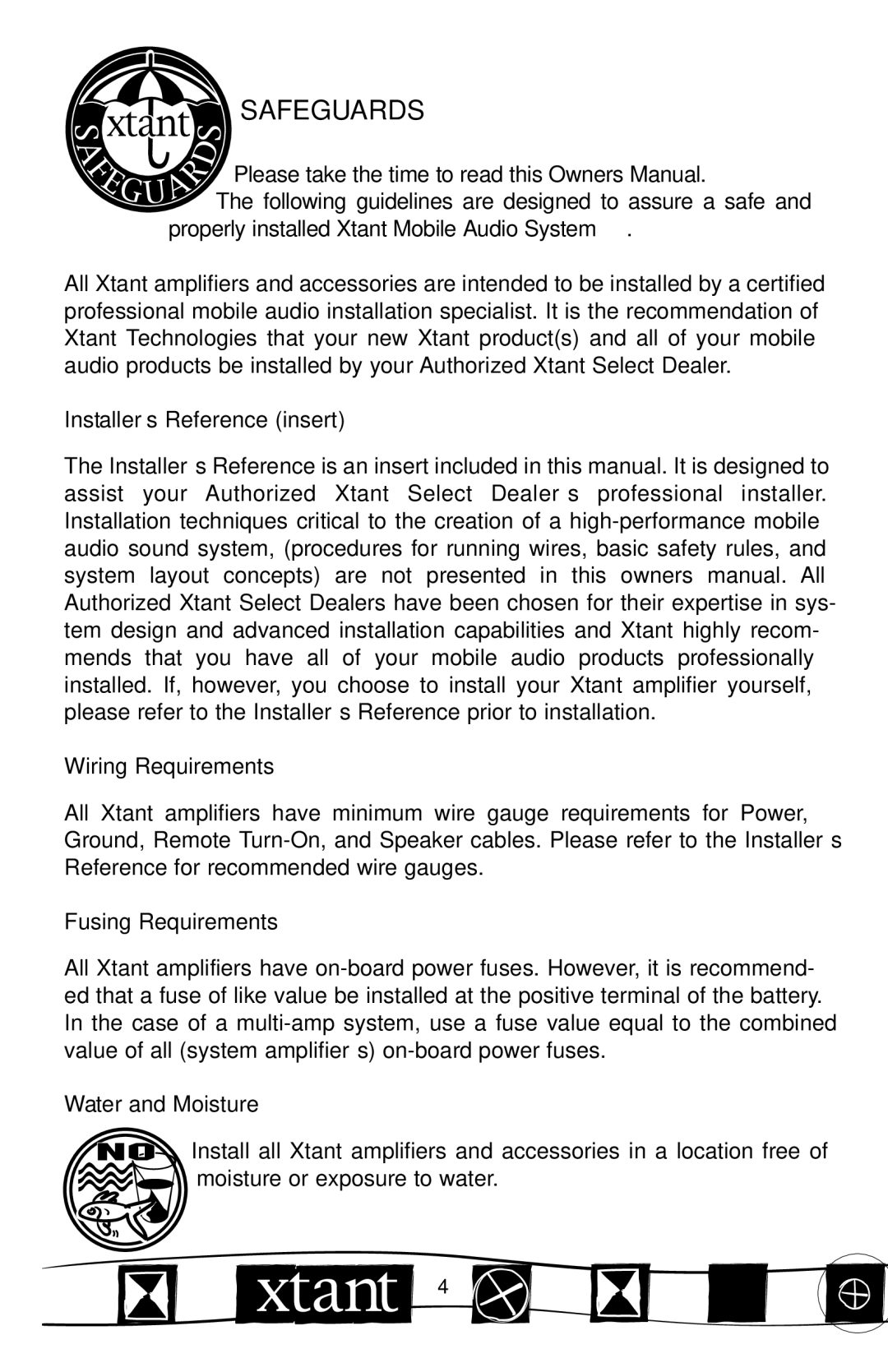 Xtant 2200ix manual Safeguards, INSTALLER’S Reference Insert Wiring Requirements, Fusing Requirements, Water and Moisture 