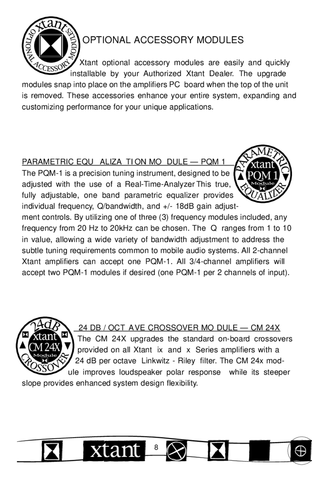 Xtant 2200ix manual Optional Accessory Modules, Parametric Equalization Module PQM, 24 DB / Octave Crossover Module CM 