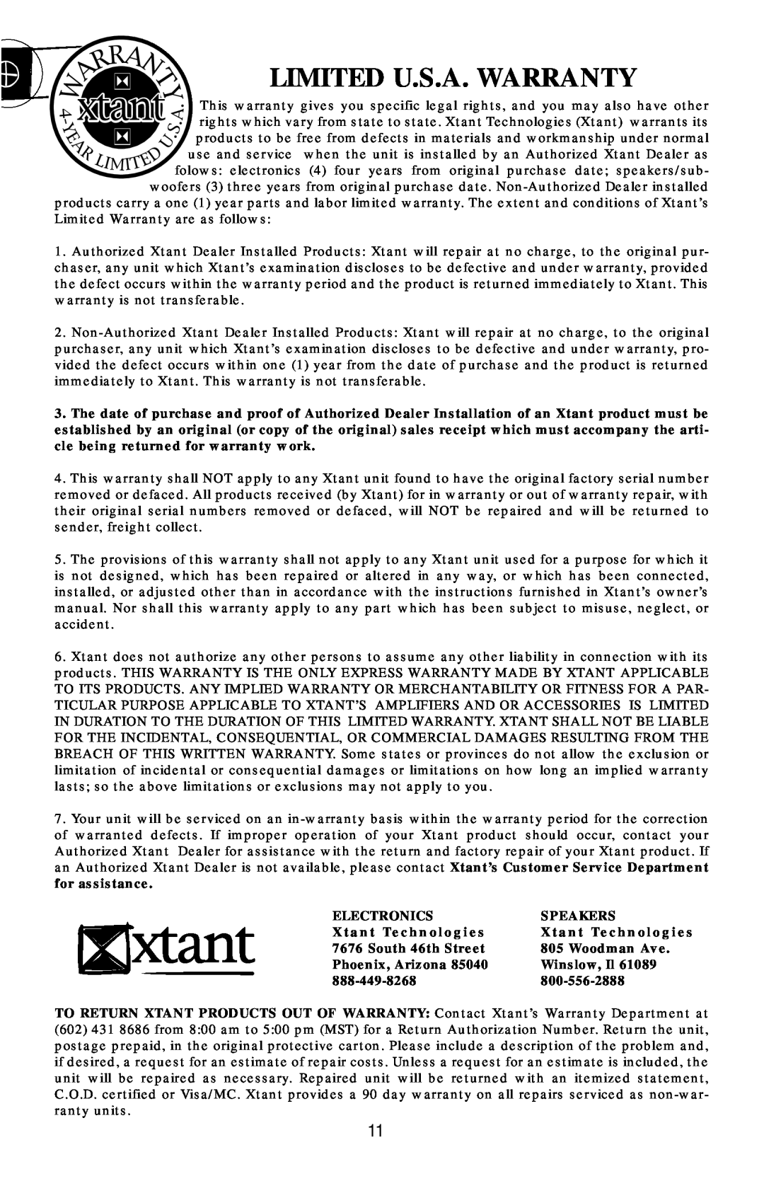 Xtant 2200ix manual Limited U.S.A. Warranty 