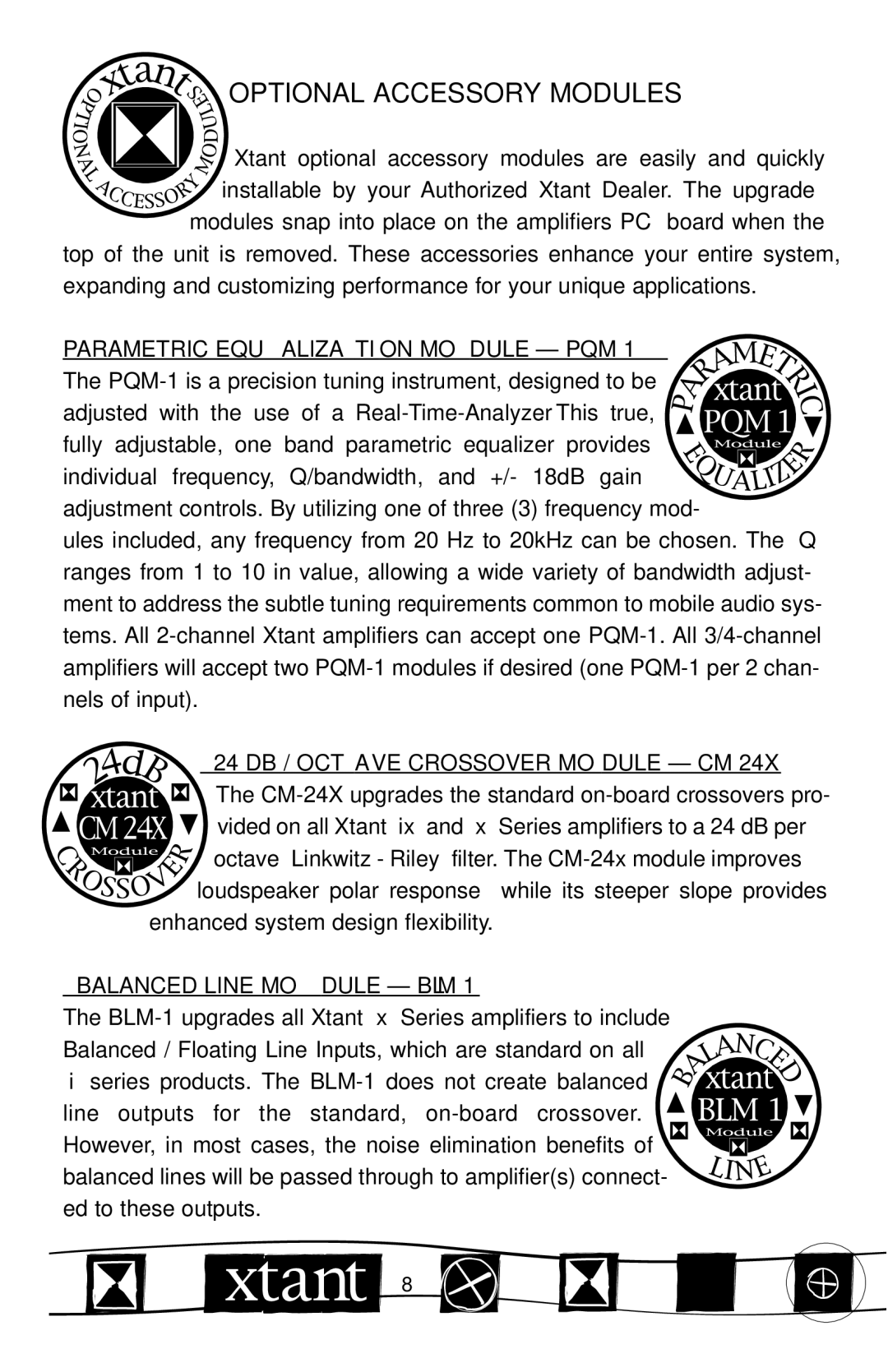 Xtant 3150X manual Optional Accessory Modules, 24 DB / Octave Crossover Module CM, Balanced Line Module BLM 