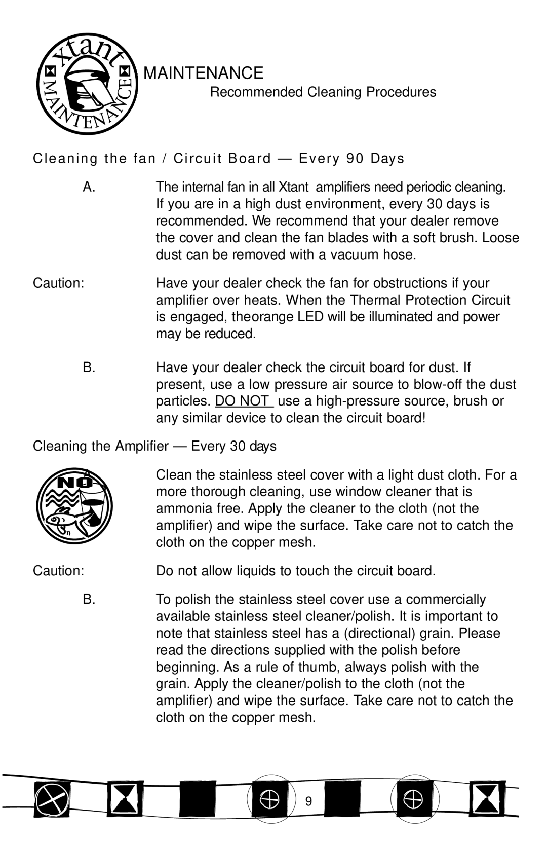 Xtant 3150X manual Maintenance, Cleaning the Amplifier Every 30 Days 