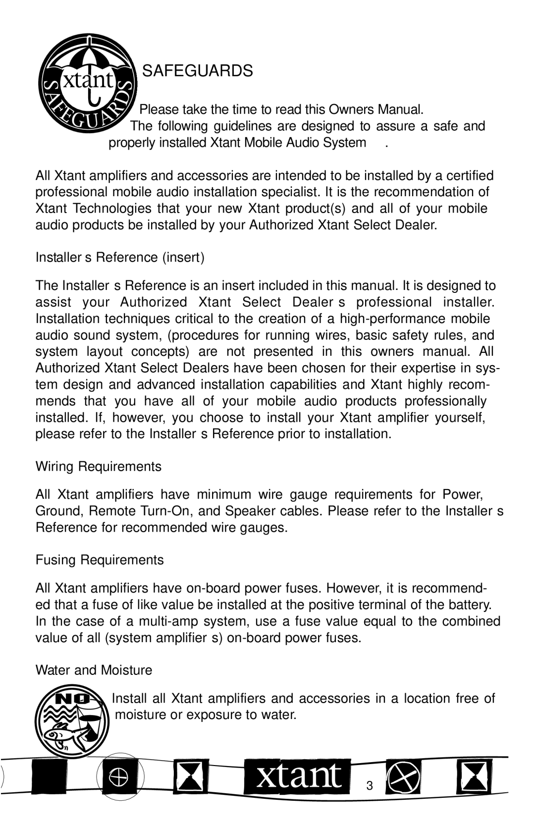 Xtant 3300x manual Safeguards, INSTALLER’S Reference Insert Wiring Requirements, Fusing Requirements, Water and Moisture 