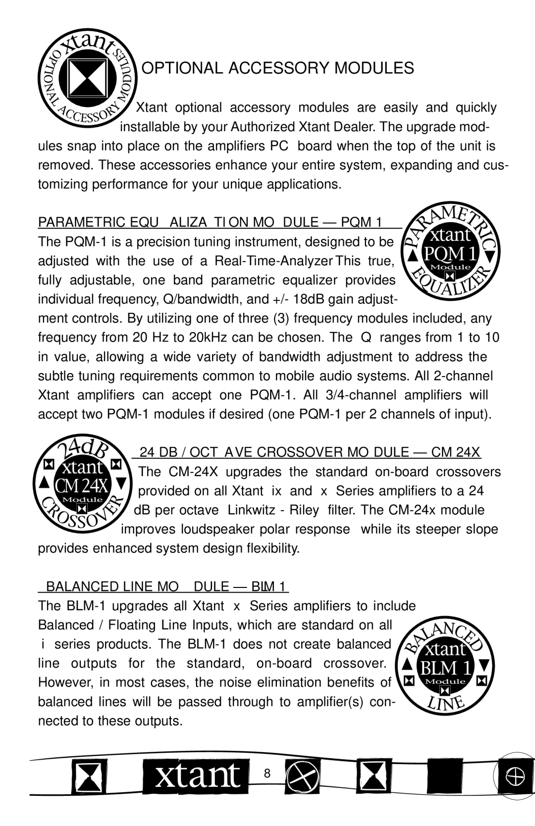 Xtant 3300x manual Optional Accessory Modules, Parametric Equalization Module PQM, 24 DB / Octave Crossover Module CM 
