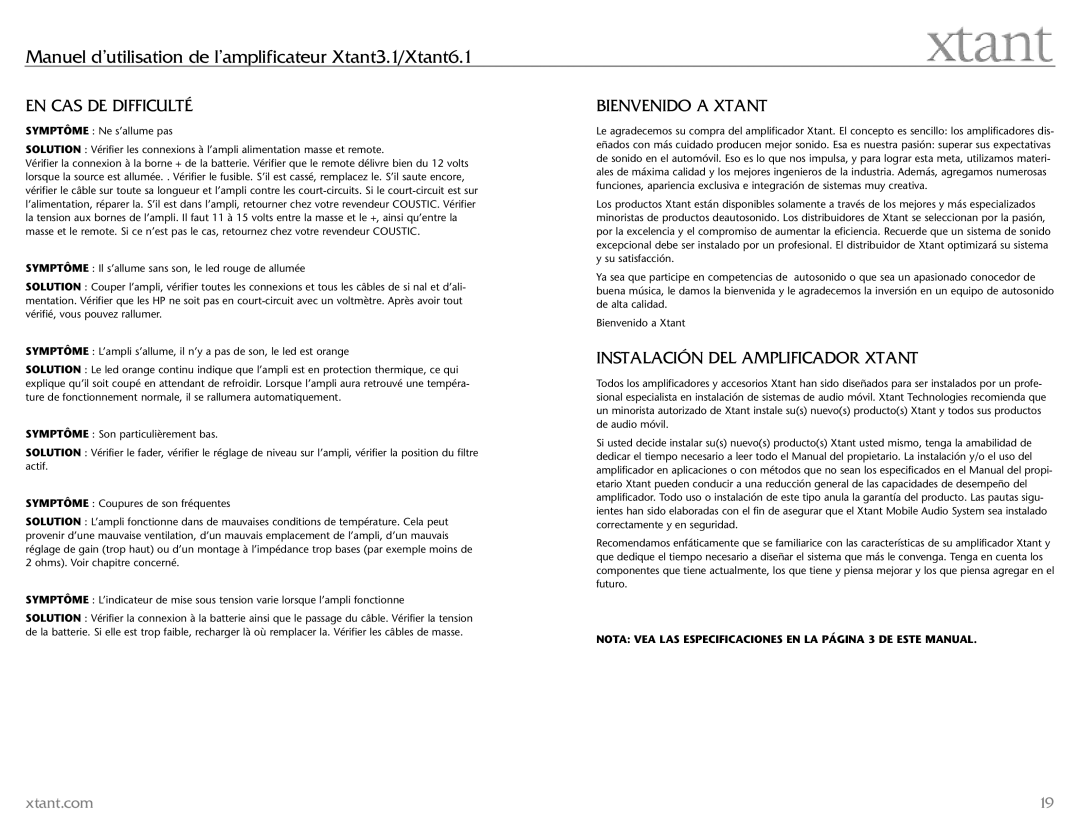 Xtant 6.1, 3.1 owner manual EN CAS DE Difficulté, Bienvenido a Xtant, Instalación DEL Amplificador Xtant 