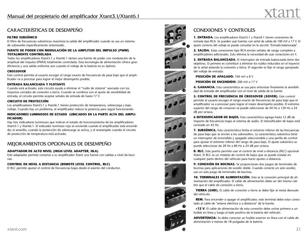 Xtant 3.1, 6.1 owner manual Características DE Desempeño, Mejoramientos Opcionales DE Desempeño, Conexiones Y Controles 