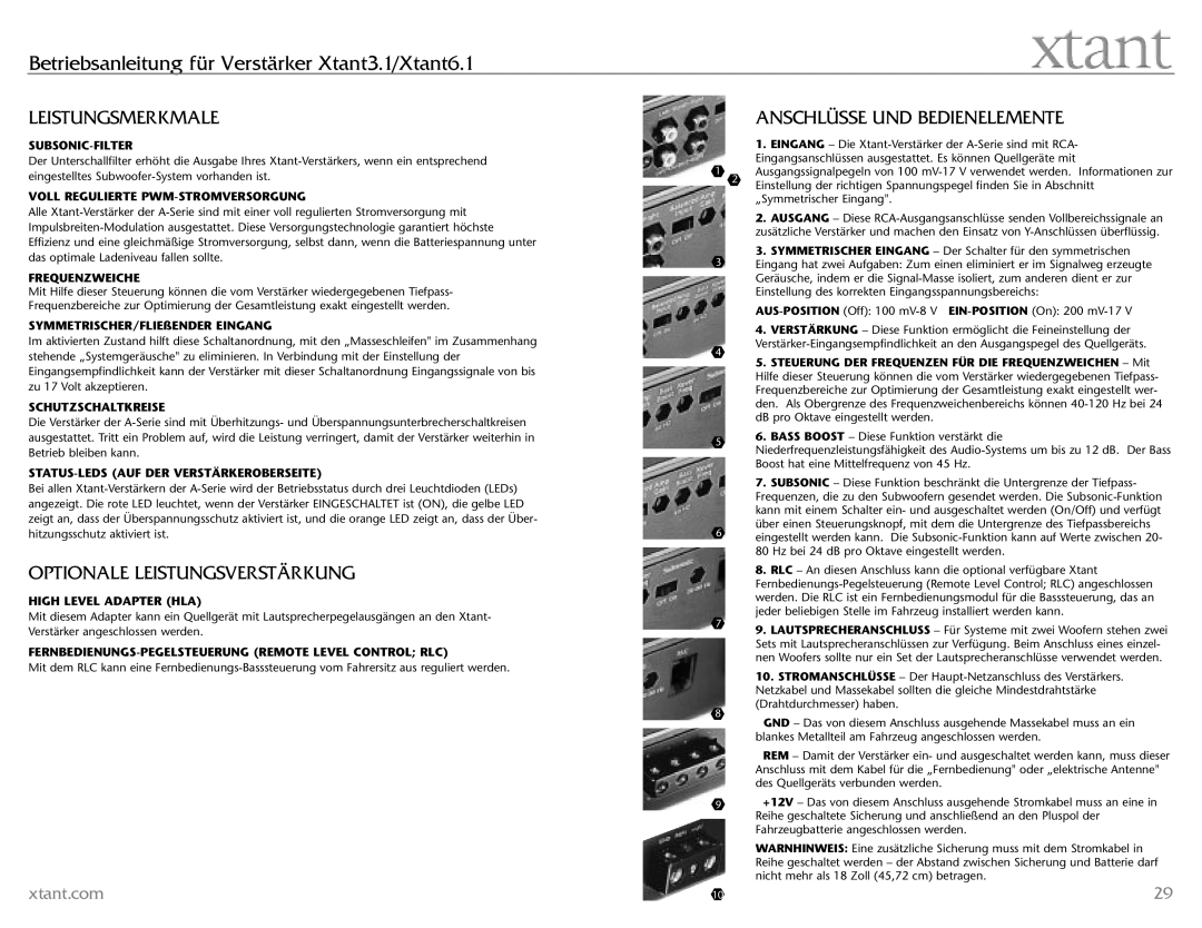 Xtant 3.1, 6.1 owner manual Leistungsmerkmale, Optionale Leistungsverstärkung, Anschlüsse UND Bedienelemente 