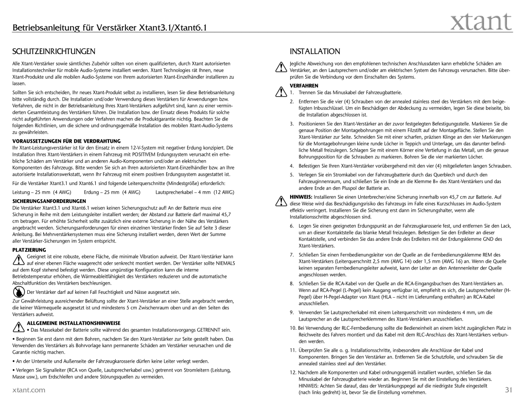 Xtant 6.1, 3.1 owner manual Schutzeinrichtungen 