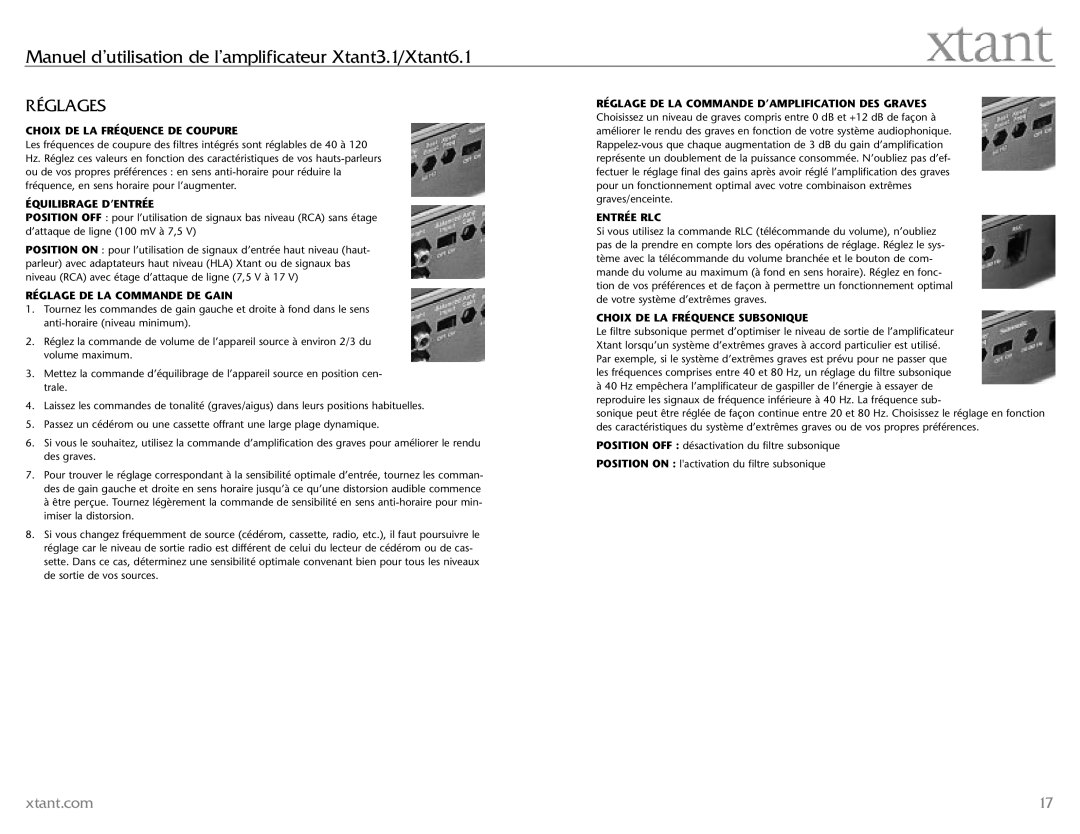 Xtant 3.1, 6.1 owner manual Réglages 