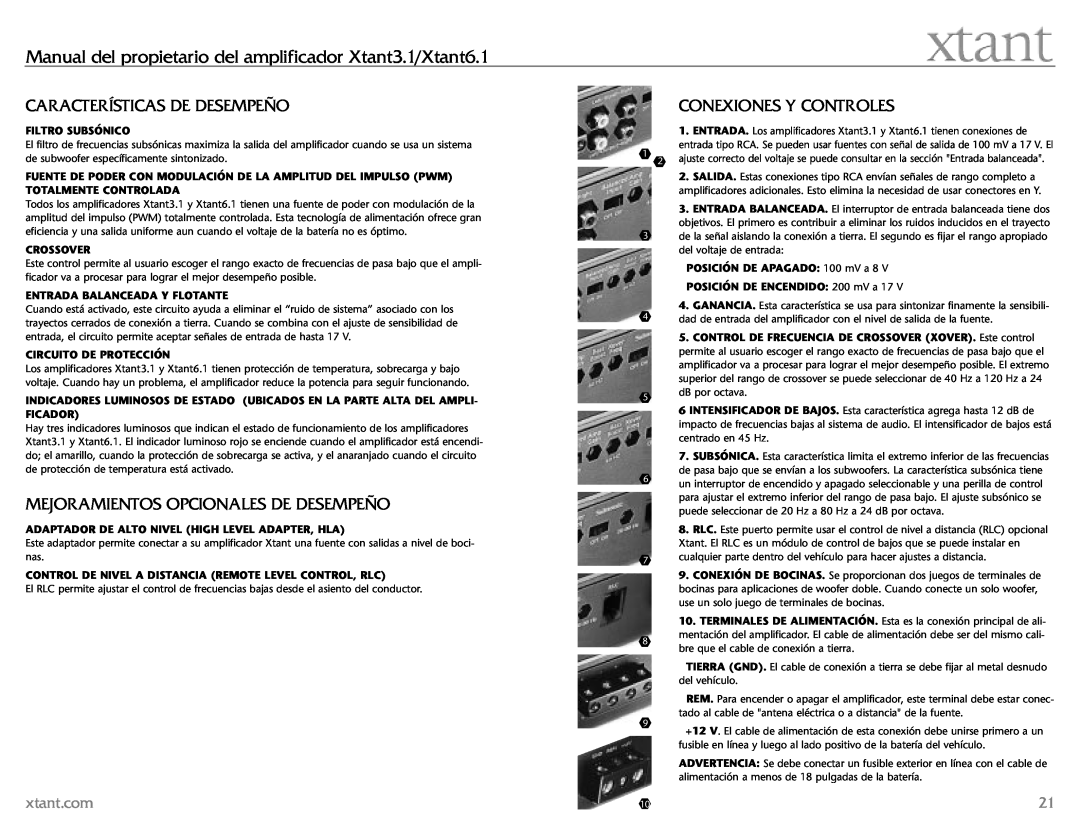 Xtant 3.1 Características De Desempeño, Mejoramientos Opcionales De Desempeño, Conexiones Y Controles, Filtro Subsónico 