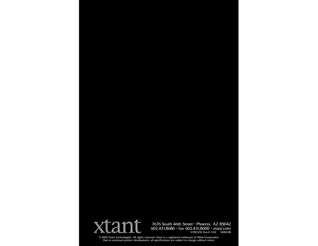 Xtant 3.1, 6.1 owner manual XT001292 RevA 7/02 NDM198 
