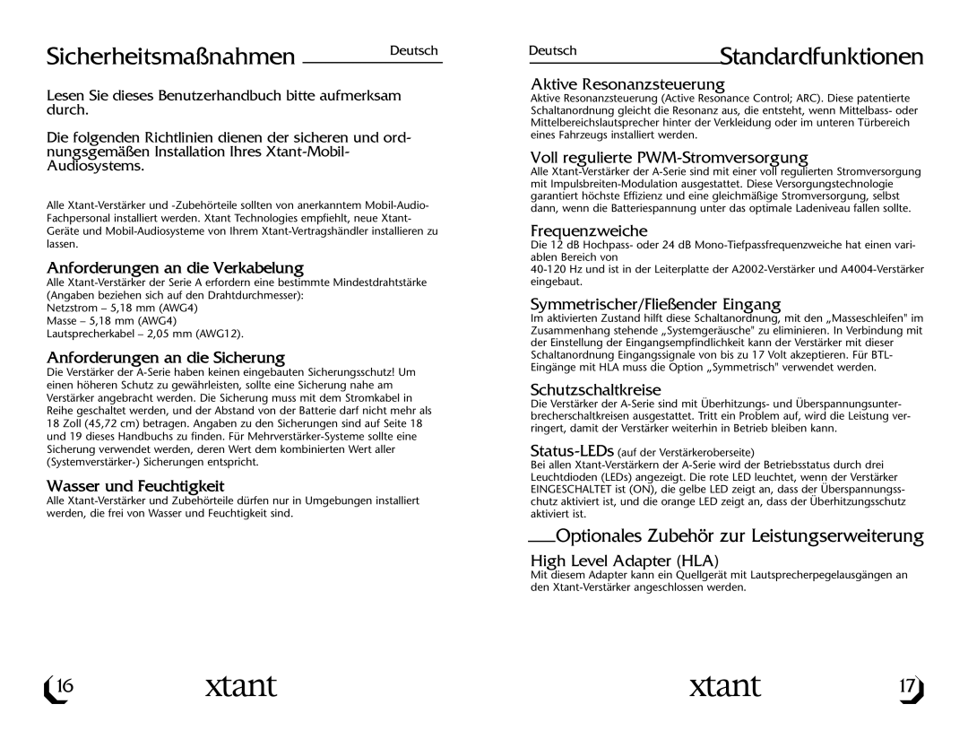 Xtant A2002, A4004 owner manual Sicherheitsmaßnahmen Deutsch, DeutschStandardfunktionen 