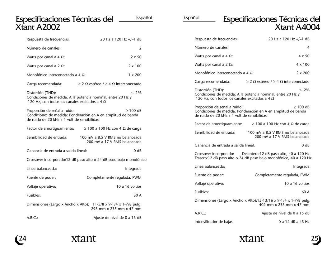 Xtant owner manual Especificaciones Técnicas del, Xtant A2002, Xtant A4004 