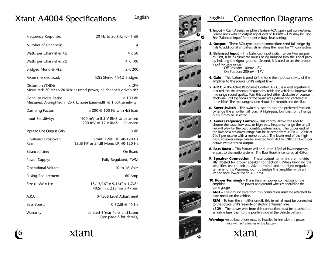 Xtant A2002 owner manual Xtant A4004 Specifications, Connection Diagrams 