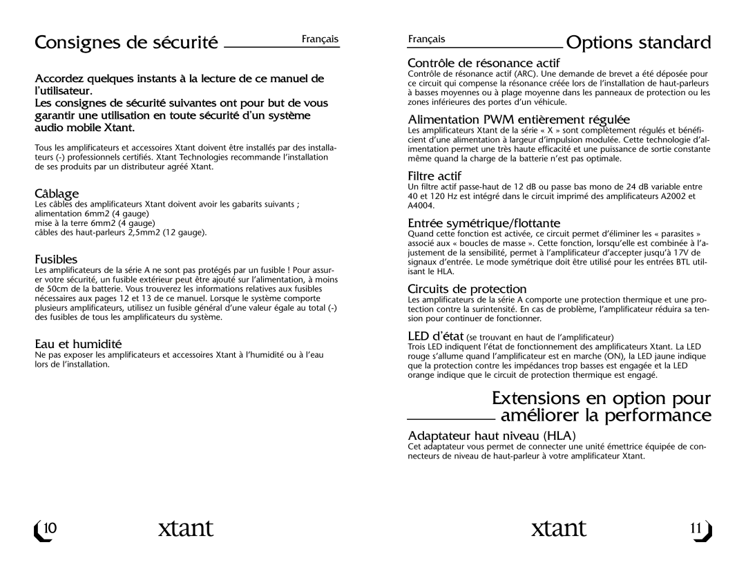 Xtant A4004, A2002 owner manual Consignes de sécurité, Options standard, Extensions en option pour améliorer la performance 