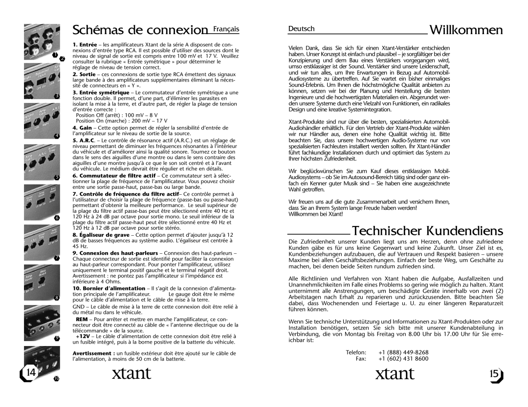 Xtant A4004, A2002 owner manual Schémas de connexion Français, DeutschWillkommen, Technischer Kundendiens 