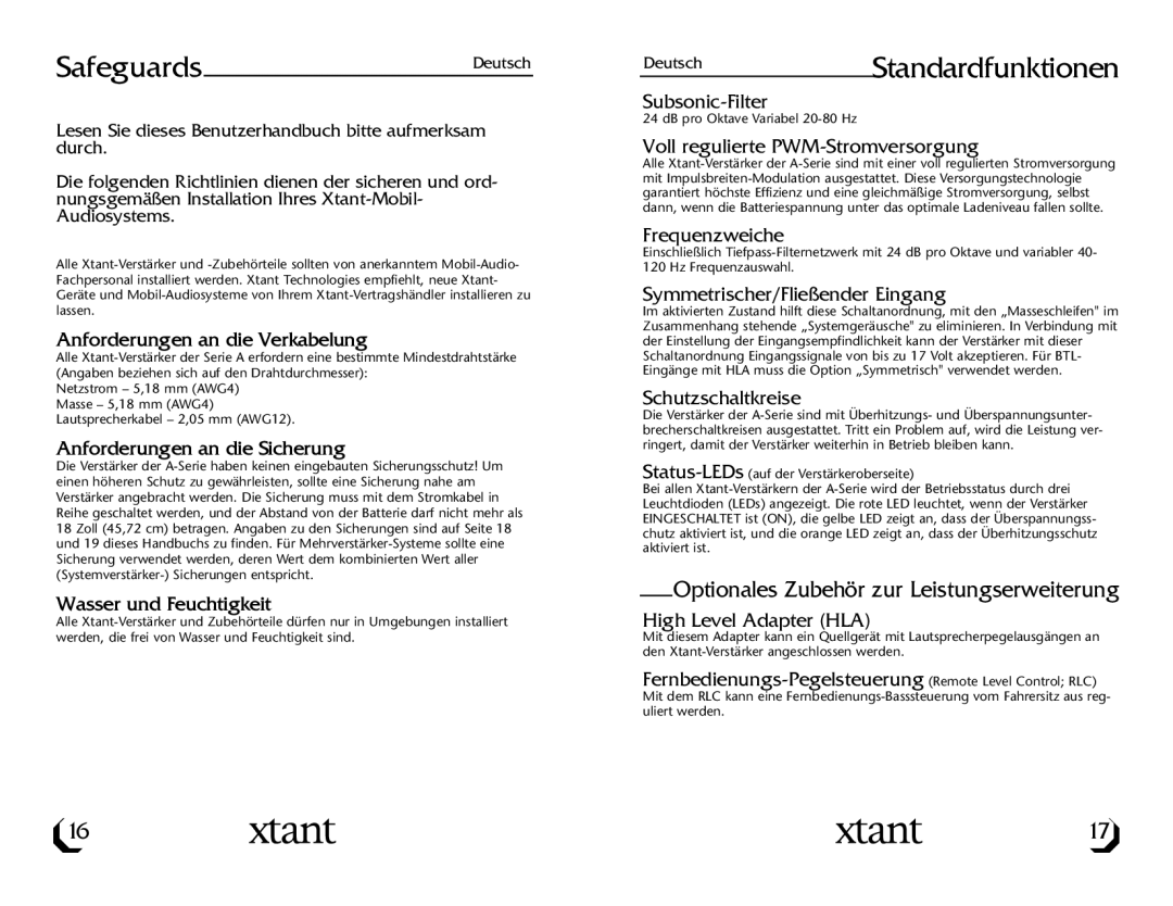 Xtant A3001/A6001 owner manual SafeguardsDeutsch, DeutschStandardfunktionen 