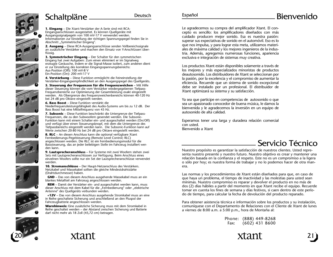 Xtant A3001/A6001 owner manual SchaltpläneDeutsch, EspañolBienvenido, Servicio Técnico 