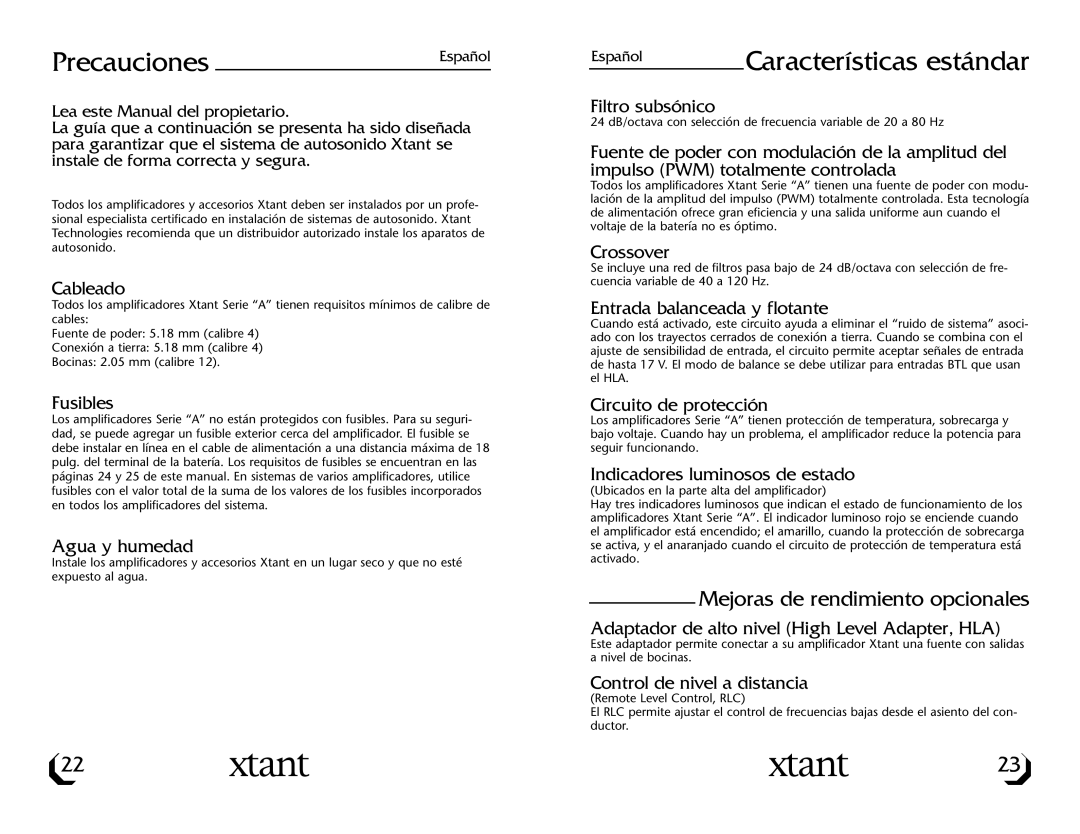 Xtant A3001/A6001 owner manual PrecaucionesEspañol, Características estándar 