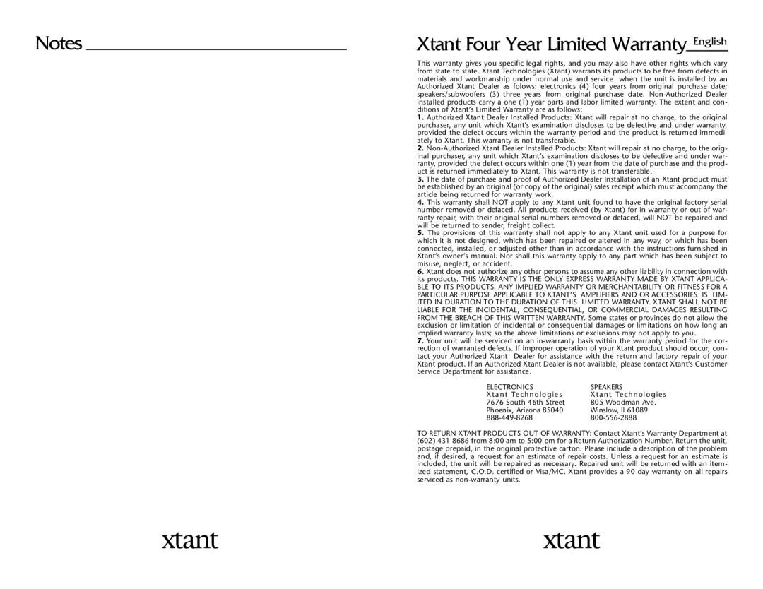 Xtant A3001/A6001 owner manual Xtant Four Year Limited Warranty, Electronics Speakers 