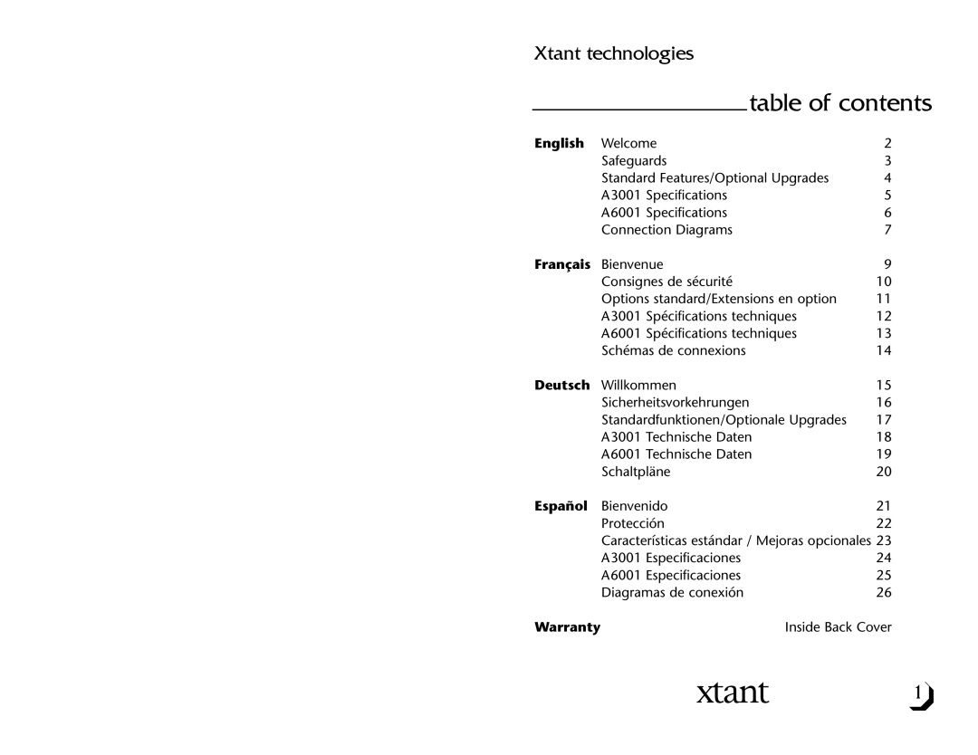 Xtant A3001/A6001 owner manual Table of contents 