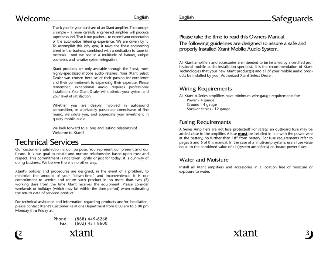 Xtant A3001/A6001 owner manual WelcomeEnglish, Technical Services, EnglishSafeguards 