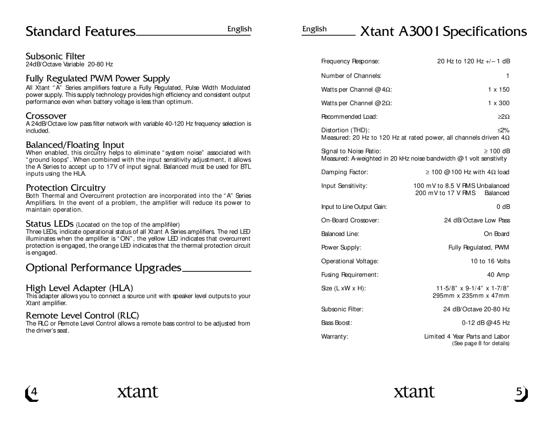 Xtant A3001/A6001 owner manual Standard Features, Xtant A3001 Specifications 