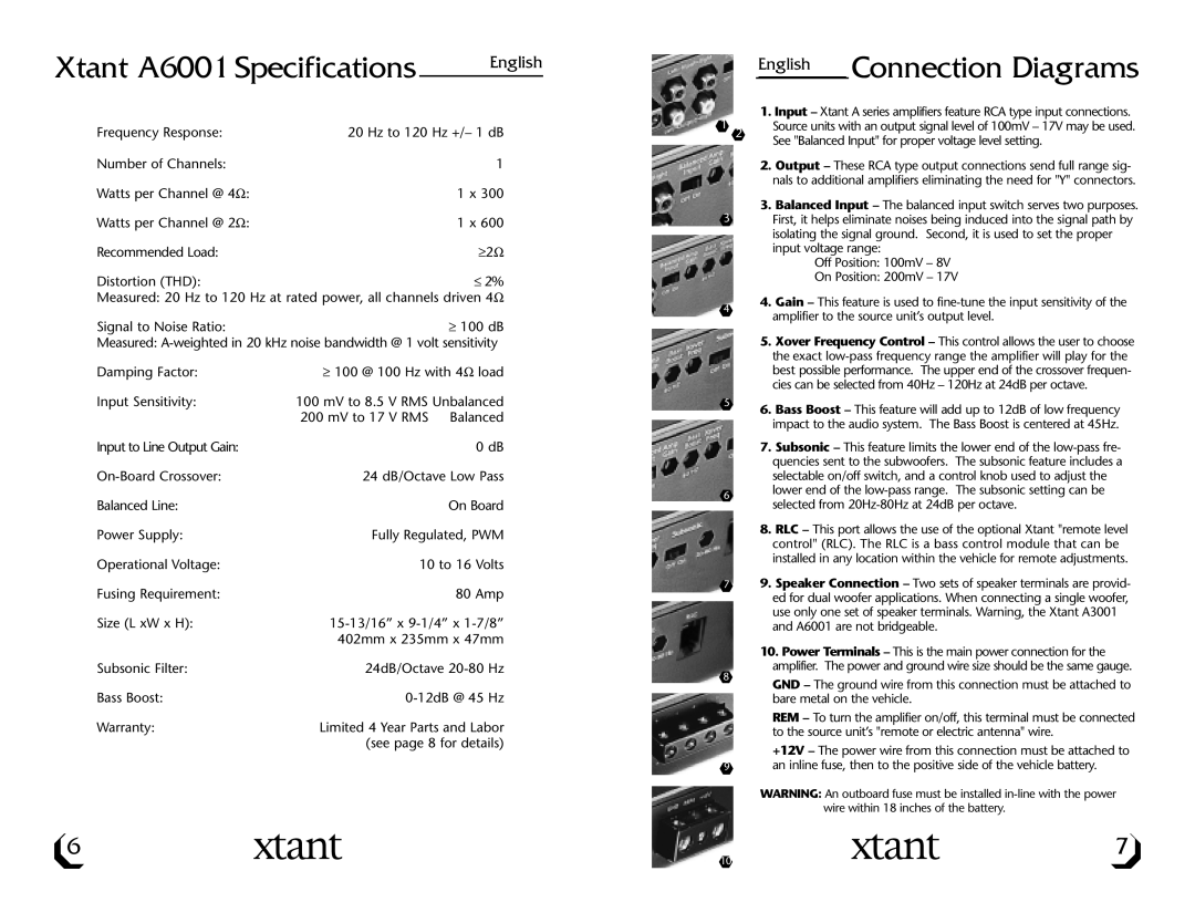 Xtant A3001/A6001 owner manual Xtant A6001 Specifications, Connection Diagrams 