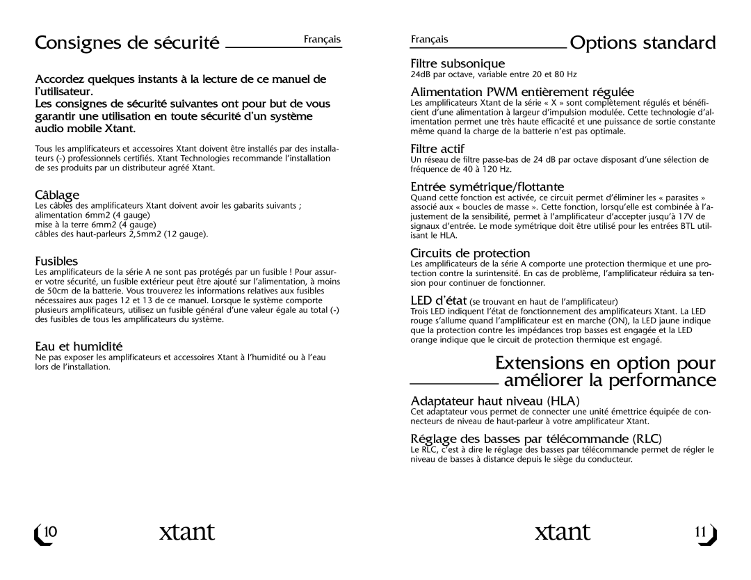 Xtant A3001/A6001 owner manual Consignes de sécurité, Options standard, Extensions en option pour améliorer la performance 